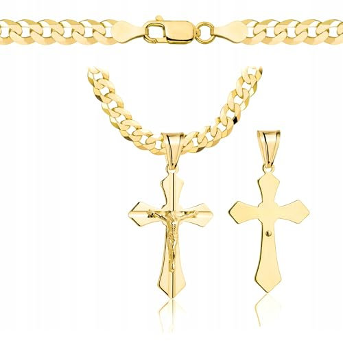 Amor Luxury goldkette herren mit kreuz 585, Kette Herren 925/585 - kreuz kette herren gold 585 massiv - 5 mm, Kreuz Kette 70 cm - Goldkette Kreuzkette - Halskette Herren Panzerung