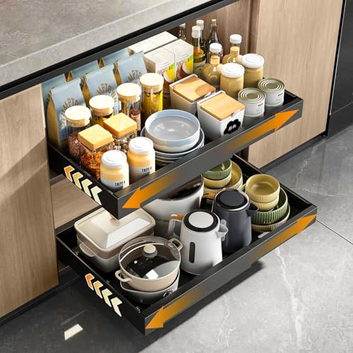 KASTEWILL Teleskopschublade, Ausziehbare Schublade Küche, Küchenschrank Organizer, Schwarz, 31-52 cm B x 43 cm T x 7.5 cm H