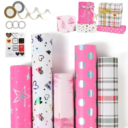5 Rollen Geschenkpapier Weihnachten, 43 x 300cm Geschenkpapierrolle, 5 Verschiedene Muster Geschenkpapier Weihnachten Set,New Year Weihnachtspapier Set für Geschenkverpackung (Rosa)