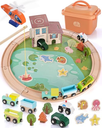 Jessruly Wooden Train Track Set - 48-Piece Toy Train Tracks Compatible with Thomas, Brio, Melissa & Doug - Includes Fishing and Puzzles for Toddlers 3-8 - Educational for Fun Playtime