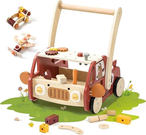 let's make Lauflernwagen Holz Montessori Spielzeug Lauflernhilfe mit Rädern und Blöcken Spielzeug Multifunktion Baby Walker Activity lernlaufwage Lauflernhilfe für baby ab 1 jahr (Rot)