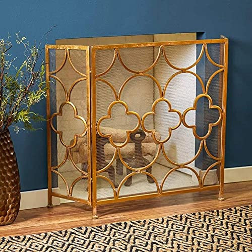 Funkenschutz 3-Platten-Kaminschutz/Funkenschutzgitter - Kaminschutzgitter aus Metallgeflecht für Kamin und Ofen, Gold, 90 cm hoch.AIBHT52820778