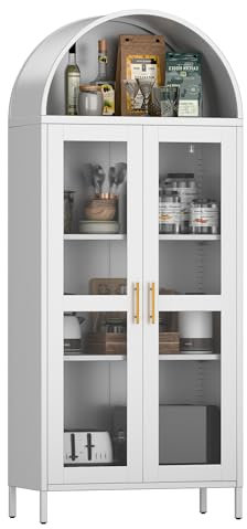 SUPEER Vitrine aus Metall Sideboard Standschrank mit Bogendach,Vitrinenschrank Küchenschrank mit 2 Glasstür, Glasvitrine Schrank für Wohnzimmer Schlafzimmer, 185x80x40 cm（weiß）