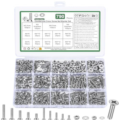 790 Pz Set di Vis M3 M4, Viti Bulloni e Dadi Set, Bulloni Viti a Testa Svasata e Dadi e Rondelle, Bulloni Viti a Testa Piatta a Croce con Dadi, Viti Bulloni a Testa Svasata a Croce(Argento, M3 M4)