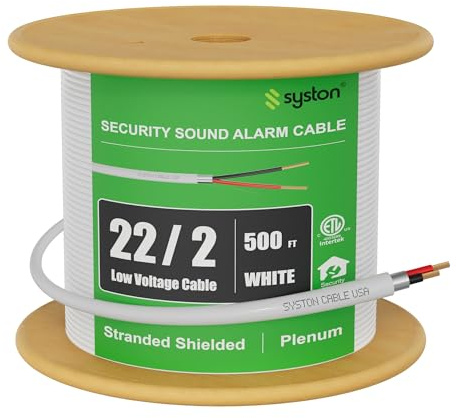 SYSTON 22/2 Fire Security Sound Alarm Control Cable Wire, 22 AWG 2 Conductors 100% Stranded Copper, Plenum-Rated CMP/CL3P Shielded, UL/ETL Listed, for Indoor/Outdoor Low Voltage Applications Use