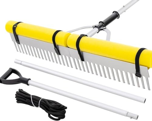 RELAX4LIFE Râteau Flottant 230 x 92 cm Pliable en Aluminium, Outil de Coupe de Plantes Aquatiques avec Manche Réglable & Flotteurs & Corde à Lancer 600cm & 36 Dents, pour Jardin Pelouse Étang