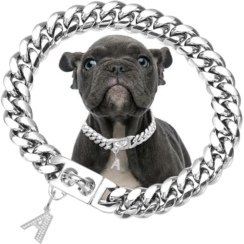 Collare per cani argento da 15 mm di larghezza con ciondolo, catena metallica in acciaio inossidabile con maglie cubane, collari resistenti e masticabili per cani di taglia piccola e media (30 cm)