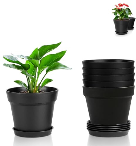 thirei Vasi da Fiori in Plastica, Set di 6 Vasi da Fiori in Plastica per Erbe Aromatiche, Vaso da Fiori in da 8,8 cm con Sottovaso, Vasi per Piante, per Piante Grasse e Cactus, Nero