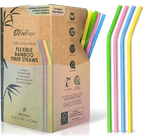 EcoPreps Colorful Biodegradable Flexible Drinking Straws, 300 Count, 7.8”