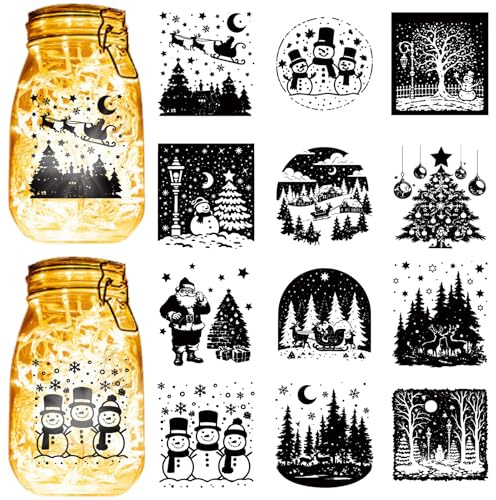 CREATCABIN 12Pcs Christmas Mason Jar Silhouette Laser Cut Cardboard Snowman Santa Claus Xmas Tree Black Die Cuts PVC Jars Scrapbook Decorations for Crafting Light Lamp Frosted Glass-No Sticker 4x3.5in