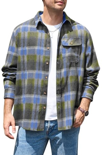 Runcati Camisa de manga larga para hombre a cuadros, camisa de franela con botones, camisa informal para hombre, corte regular, informal, con bolsillo en el pecho, amarillo, XL