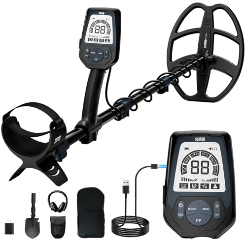 SUNPOW Detector de Metales Profesional para Adultos Recargable: 6 Identificadores de Metales, Bobina Impermeable IP68, Pantalla LCD, Detector de Metales para Búsqueda de Tesoros en la Playa