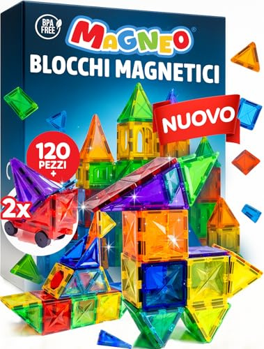 Magneo® Blocchi Magnetici 120 Pezzi (2 Auto) – Costruzioni Magnetiche per Bambini 3+ – Gioco Creativo con Magnetic Tiles – Blocco da Costruzione Educativo – Idea Regalo Bimbi
