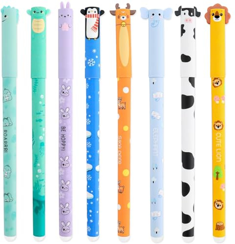 wokdsbl Erasable Pens Set With Eraser Ball End, 8Pack Erasable Gel Pens Animals For Smooth Writing, Heat Sensitive Ink Multi-Colour 0.7mm Tips For Notes, School And Office Gifts