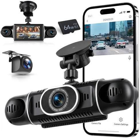 VECHTEL 2K/1080P Dashcam per auto anteriore e posteriore con WiFi, 4* Dash Cam Telecamera per auto con schermo IPS da 3 pollici,visione notturna,sensore G,protezione a 360 gradi,Con 64GB SD Card