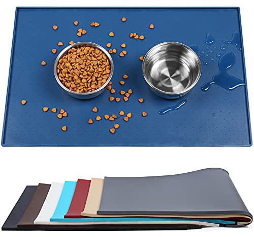 VIVAGLORY Tappetino per Cibo per Cani e Gatti, Sottopiatto in Silicone Antiscivolo e Impermeabile di Grado Alimentare con Bordo Rialzato, Vassoio Antispreco per Ciotole, Blu Marino, S (48x30cm)