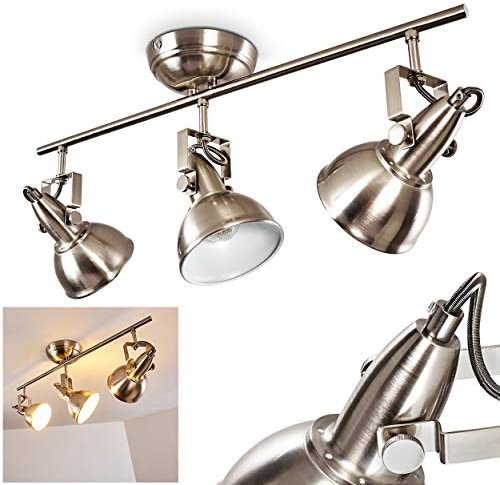 Deckenleuchte Tina, Deckenlampe aus Metall in Nickel-matt/Weiß, 3-flammig, mit verstellbaren Strahlern, 3 x E14-Fassung, Spot im Retro/Vintage Design, ohne Leuchtmittel