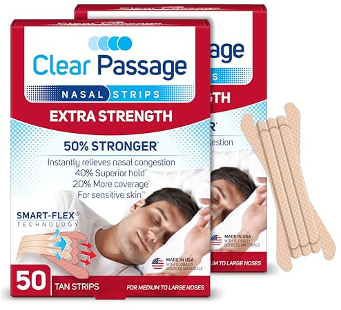 Clear Passage Nasal Strips Extra Strength, Tan, 100 Count | Works Instantly to Improve Sleep, Reduce Snoring, & Relieve Nasal Congestion Due to Colds & Allergies