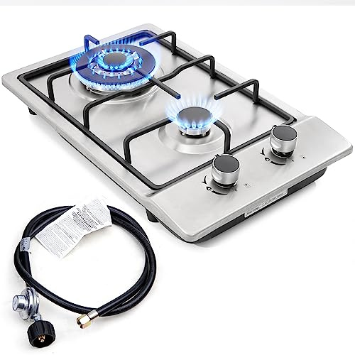 12 Gas Cooktops, 2 Burner Drop-in Propane/Natural Gas Cooker, 12 Inch Stainless Steel Gas Stove Top Dual Fuel Easy to Clean (12Wx20L)