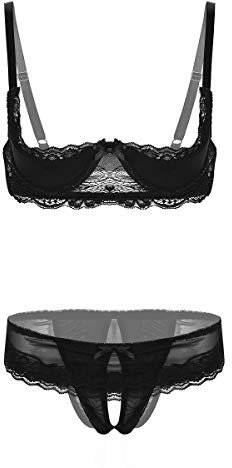 Mufeng Women's Lingerie Set Floral Lace Unlined Quarter Cup Shelf Bra with Bikini Briefs Underwear Black 1 M