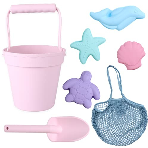 BLUE GINKGO Silicone Beach Toys - Modern Travel Friendly Set | Bucket, Shovel, 4 Sand Molds, Beach Bag | Sand Toys for Toddlers, Kids - Pink