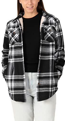 ZhaltACE dam herpa fleece foder rutig flanelljacka, knappstängning flanell skjortjacka (komplett sherpa-foder), Svart vit, XL
