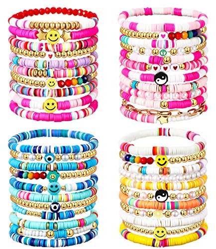 Ecally 44 Pcs Friendship Bracelet Heishi Surfer Clay Bead Set Preppy Bracelet Stackable Beach Boho Y2k Cute Jewelry for Women(Cute Style)