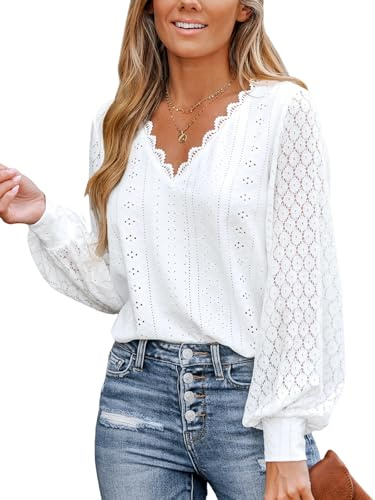 CUPSHE Blusa de mujer con encaje tallado y orlo festoneado, mangas largas de encaje, cuello en V, puños ajustables, elegante y chic, Color blanco., M