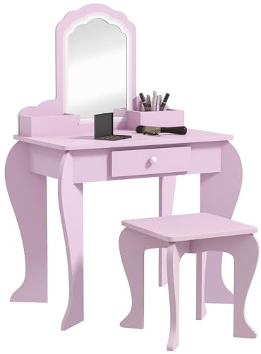 ZONEKIZ Kids Dressing Table, Kids Vanity Table, Girls Dressing Table with Mirror, Stool, Drawer, Storage Boxes, Cloud Design, for Ages 3-6 Years - Pink