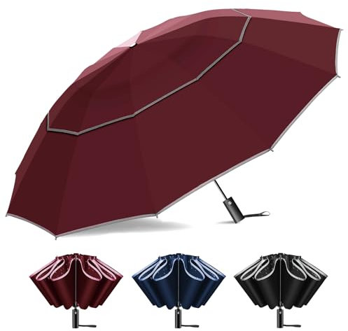 137 cm umgekehrter Golfschirm für Regen, automatisch, winddicht, 12 Rippen, doppelter Baldachin, belüftet, umgekehrt, faltbarer Regenschirm für Reisen, UPF 50+, kompakt, tragbar, kopfüber