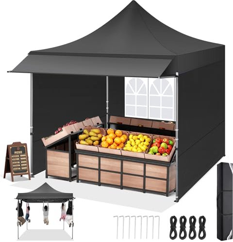 COBIZI Faltpavillon Pavillon 3x3 mit 23 SF Erweiterte Markise Wasserdicht Stabil Winterfest, Faltpavillon Partyzelt mit 3 Seitenwand, Robuster Gartenpavillon für Märkte, Partys und Events, Schwarz