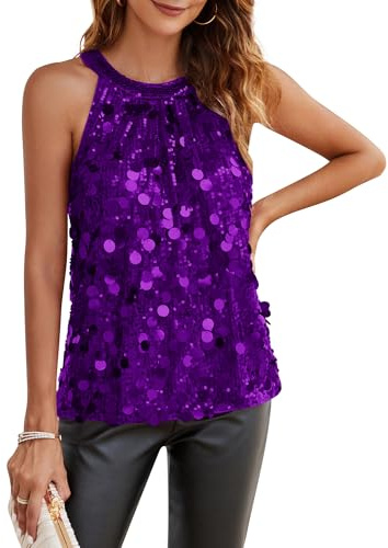 GRACE KARIN Débardeur à Grosses Paillettes Femme Brelle Col Rond Party Tops sans Manches Haut dé Anniversaire Violet XXL