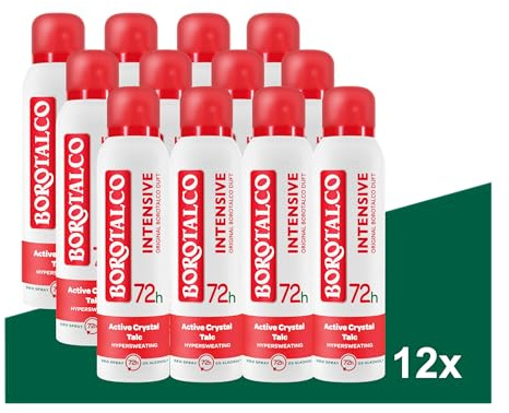Borotalco Intensive - Deospray 12x150ml - 72 Stunden Wirksamkeit - Formel mit Active Crystal Talc für dreifachen Schutz gegen Schweiß- Herren & Damen - Bodyspray
