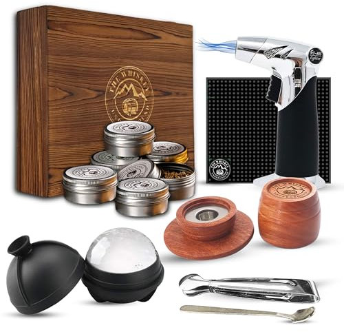 The Whiskey Underground Kit para ahumar cócteles con ahumador de barril patentado, linterna, 6 sabores de virutas de madera, molde de hielo, pinzas, cuchara, cepillo de limpieza, alfombrilla de bar,