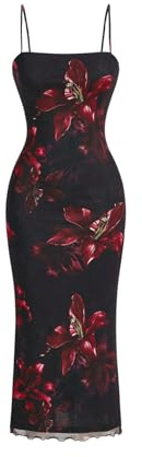SweatyRocks Robe élégante pour femme - Bretelles spaghetti - Robe longue fleurie - Robe d'été moulante - Sans manches - Robe décontractée en maille, Noir , S