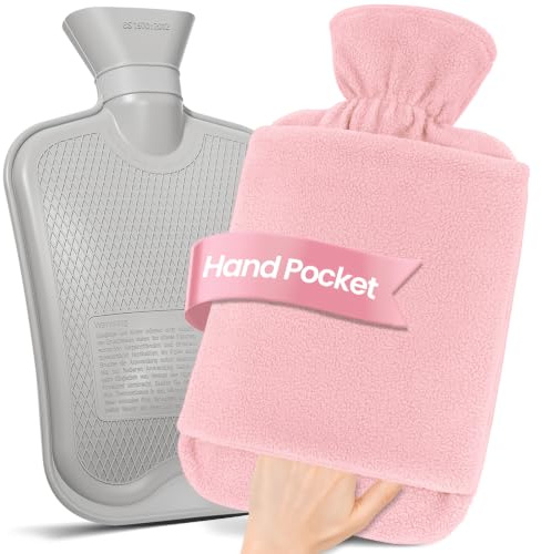 MUPAS Hot Water Bottle 2L, Fleece Cover, Hand Pocket, Leakproof, Pink | Wide Easy-Fill Opening, Washable Fleece Cover, Hot And Cold All Year Round, Ideal For Hands, Feet, Shoulders, Neck And Legs