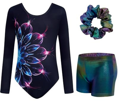 JiAmy Turnanzug Mädchen, Gymnastikanzug Kinder Turnshorts Haarband Set Gekreuzte Schulterriemen Turnanzug Leotard Set für 8-9 Jahre