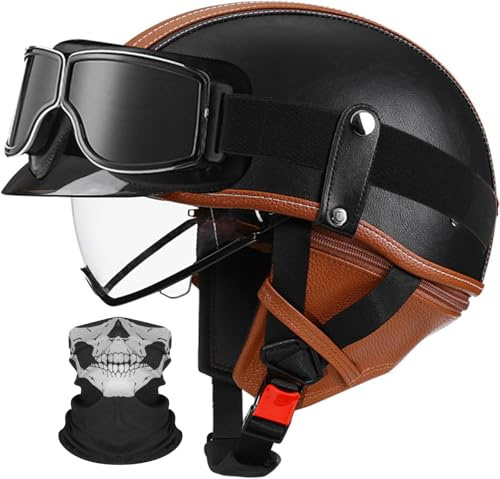 Retro Alemán Estilo Moto Casco ECE/Dot Homologado Moto Jet Medio Casco con Visera, Retro, De Media Cara, para Casco para Scooter De Verano, Motocicleta para Hombres Y Mujere