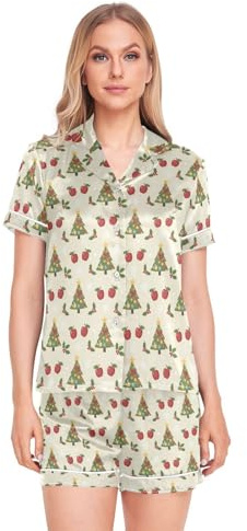 GuoChe Christmas Tree Apple Pattern Womens Silk Satin Pajamas Short Sleeve Loungewear Two-Piece Sleepwear Button-Down Pj Set, Colorful, XL