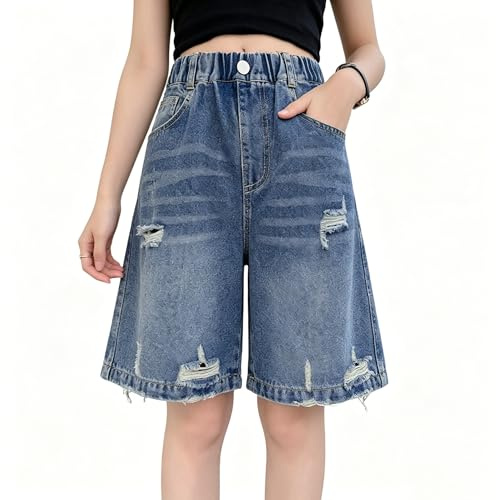 Rolanko Girls Jeans Shorts, Elastic Waist Bermuda Knee Length Wide Leg Summer Shorts for Teen Kids, Ripped, 13-15 Years, 170