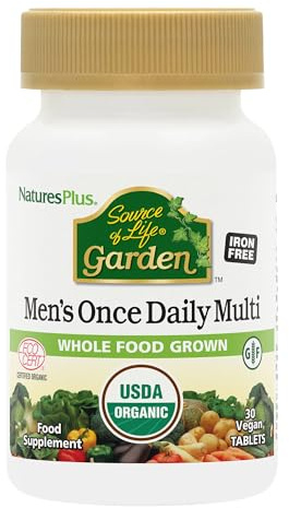 NaturesPlus Source of Life Garden Men Once a Day - Organic Vegan Multivitamin for Men - Energy, Immunity, T Booster - Zinc, Selenium, Pomegranate, Lycopene - Gluten Free - 30 Tablets
