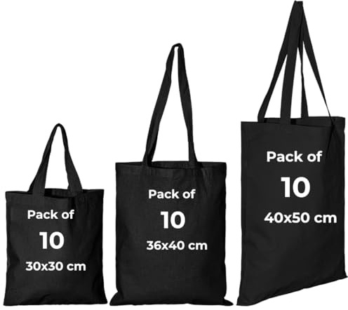 IMFAA Pack of 10 Premium-Quality Long Lasting 100% Cotton Canvas Tote Reusable Shopping Bags Ideal for Printing and Embroidery (Black,Medium 40x36x60)