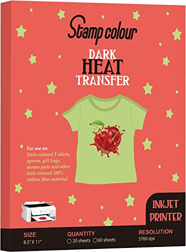 Stamp colour Iron Heat Transfer Paper for Dark Fabric 20 Sheets 8.5x11 T shirt Transfers Paper Dark for Inkjet Printer Printable Heat Transfer Vinyl for T-shirts DIY