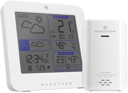 Marathon Paris-Station météo intérieure sans fil avec capteur extérieur-Prévisions météo-température et taux d’humidité intérieur et extérieur-Affichage des min-max de la journée-Heure radio-piloté