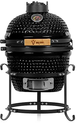 BBQ-Toro Barbacoa de Carbón Kamado Haiiro | Ø 32 cm | Barbacoa con Termómetro y Asas de Madera | Color Negro | Parrilla de Cerámica Kamado, Mini Parrilla de Carbón