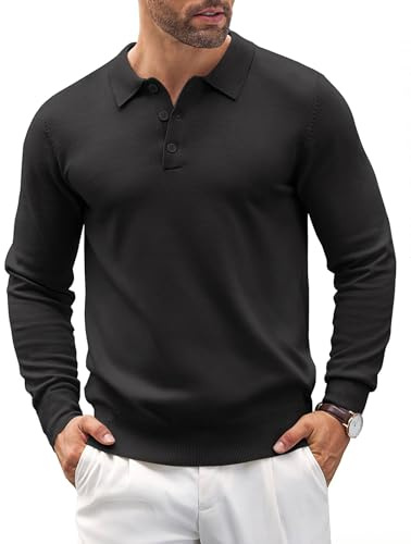COOFANDY Men's Classic Polo Shirt Casual Knit Long Sleeve Polo Shirts Black