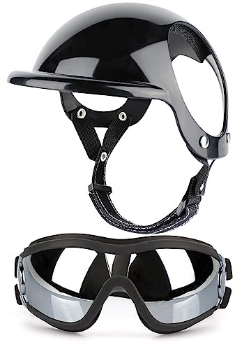 Kasmole Gafas Sol y Casco para Perros | Gafas para Perros con protección UV para el Viento y el Polvo Engranaje Ajustable para la Cabeza Mascotas - Proteger la Cabeza tu Mascota