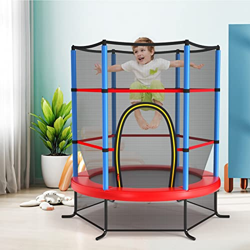GYMAX Trampolino da Esterno per Bambini, Tappeto Elastico da Giardino, con Rete Protettiva, Telaio in Acciaio, Resistente alle Intemperie, per Interno, Esterno, Portata 135 kg