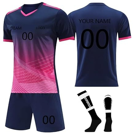 Maillot de Foot Personnalisé Enfant et Adultes avec Nom Numéro de L'équipe, T Shirt Personnalisé Maillot de Foot Enfant Ensemble Garçon Vêtements de Football Tee Shirt, Short avec Chaussette