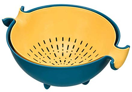 Draining Rack 2 in 1 Double Colander/Filter Bowl Round Rotatable Plastic Drain Basket Dishwashing Basket for Washing Fruits and Vegetables in The Kitchen (Blue) Drainage Rack(Yellow)